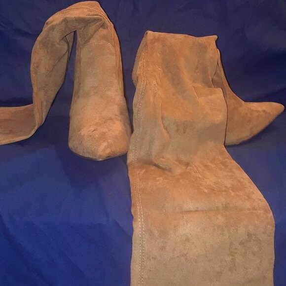 Taupe Suede Pointy Toe High Heel Thigh High Boots - Picture 1 of 9